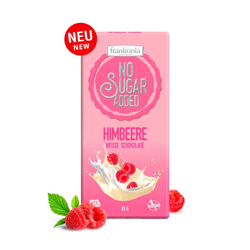 BELA ČOKOLADA BEZ DODATOG SECERA SA KOMADIMA MALINE, FRANKONIA, 85g